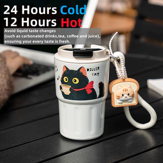 Diller Cat Tumbler Thermos Mug เคลือบเซรามิคเรียงรายถ้วยกาแฟฉนวนสูญญากาศสแตนเลส 340ml D9396