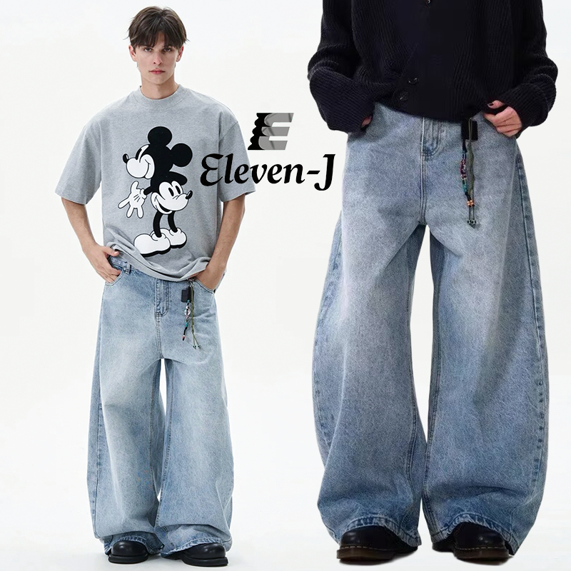 ELEVEN-J กางเกงยีนส์ผู้ชายผู้หญิง Preppyกระบอกใหญ่ + เอวสูง ดูคลาสสิกAmerican Classic Washed Machete หลวมโปรไฟล์ ใส่กับอะไรก็ได้