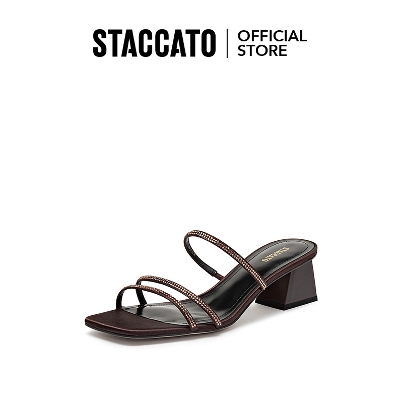 Staccato Women’s Block Heel Mules Sandals รองเท้าแตะส้นสูง 2″ส้นหนา ส้นแก้ว EBI62