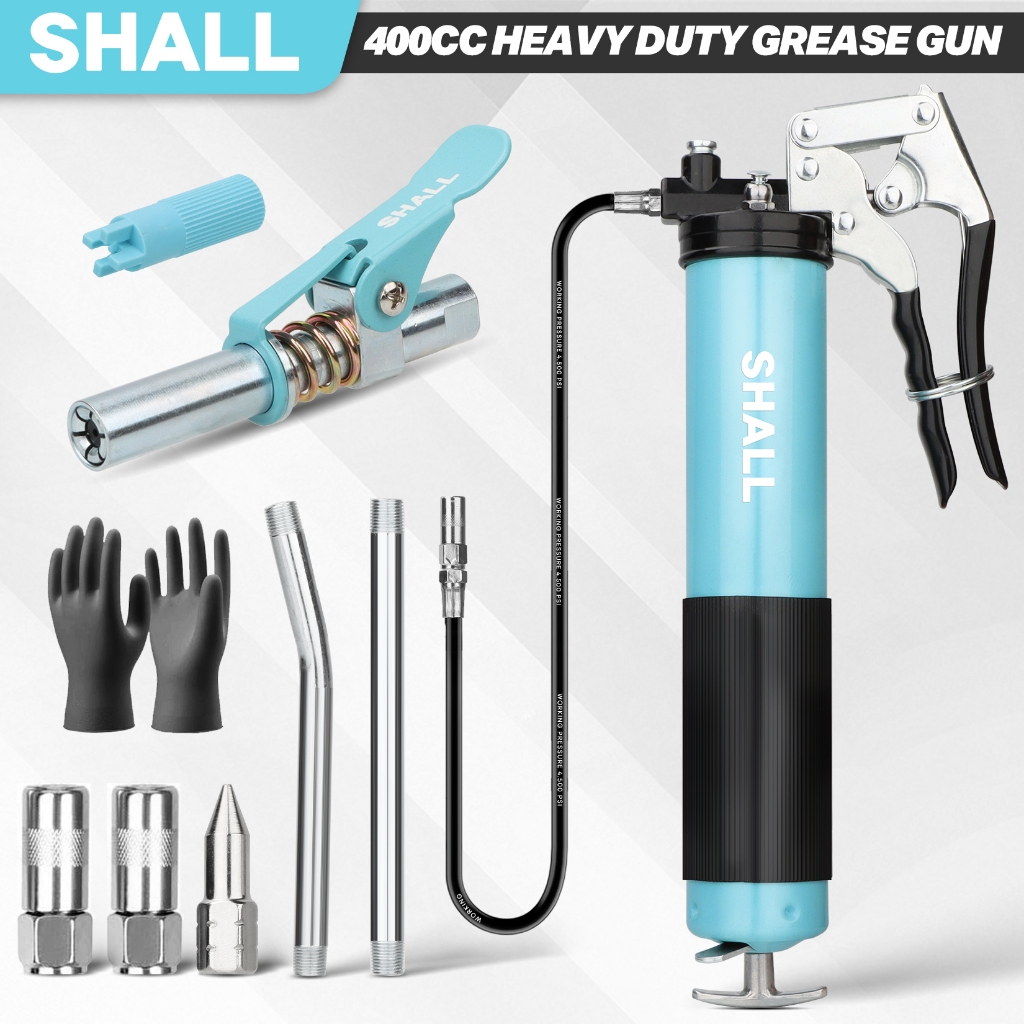 SHALL (Heavy Duty) ปืนจาระบีแบบมือ ปืนอัดจารบี 6000 PSI ปืนพก Grip Grease Gun Kit พร้อมข้อต่อจาระบีสี่ตารวม 18 "Flex ท่อ ความจุ 400cc