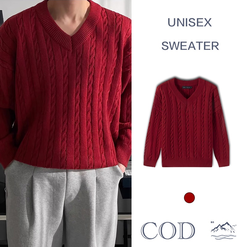 BS Sweater วินเทจผู้ชาย ทอดแป้ง บิดคอวี ทรงหลวม เสื้อกันหนาวสไตล์ฤดูหนาว