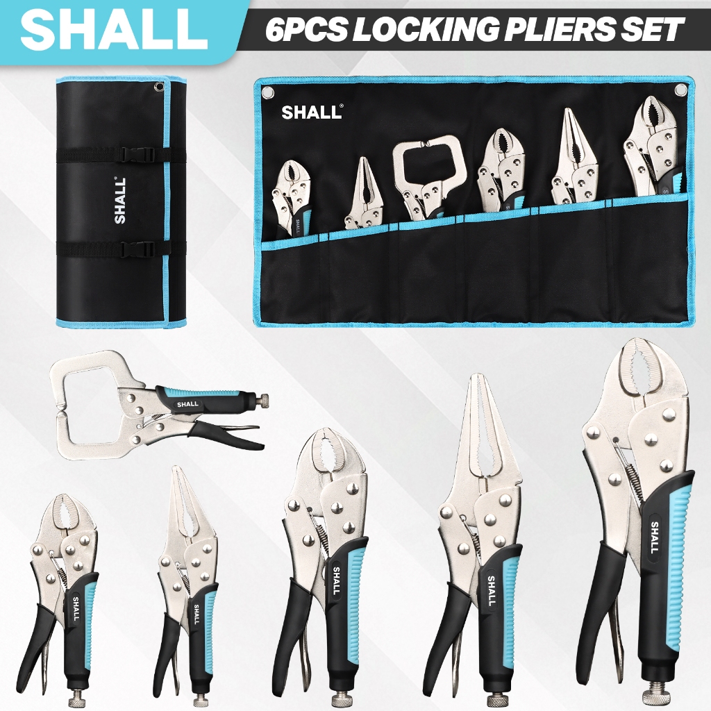 SHALL ชุดคีมล็อค Vice Grips 6 ชิ้น คีมปากโค้ง 6-1/2" & 9-1/2" คีมจมูกยาว 6" C-Clamp TPR Two-Color ด้ามจับ 5", 7" และ 10" พร้อมกระเป๋า