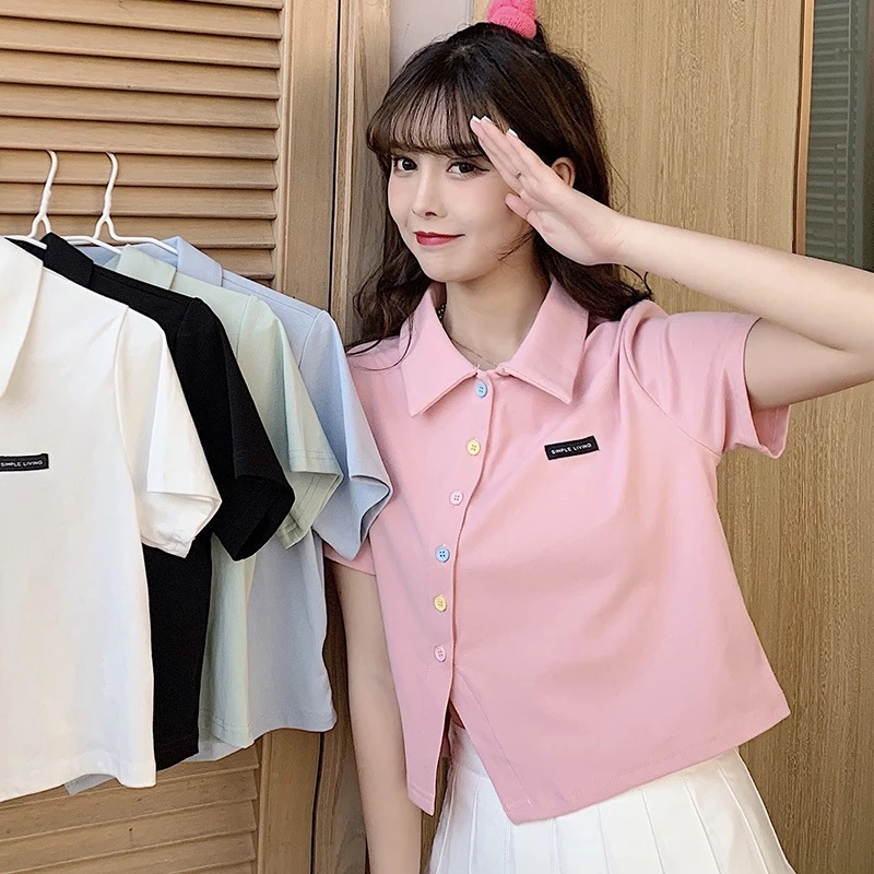 สไตล์เกาหลี เบลาส์สั้นพลัสไซส์สีพื้นสำหรับผู้หญิง กระดุมน่ารัก