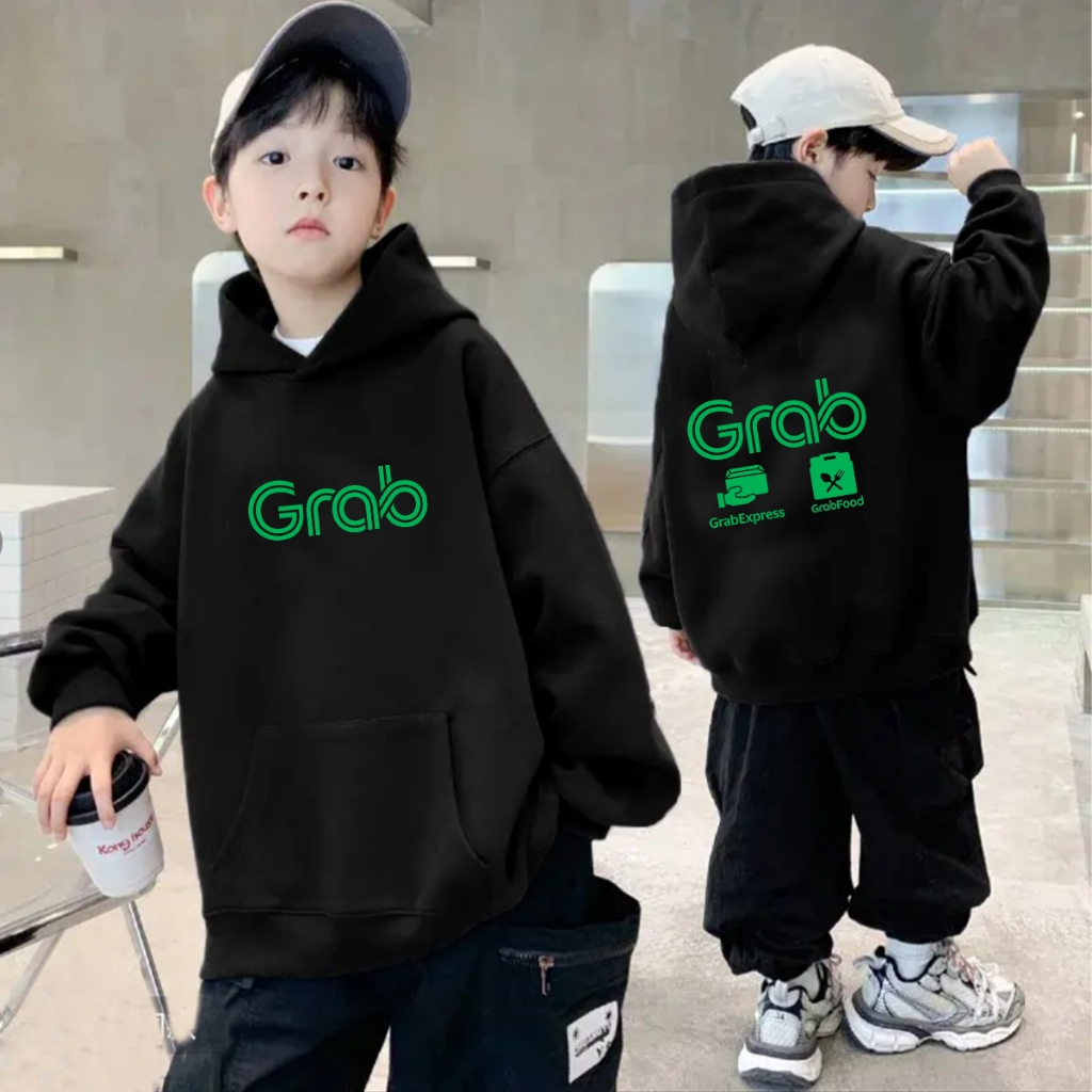 เสื้อฮู้ดเด็ก  / กันลม / กันแดดมีฮู้ด สกรีนลายตามแบบ แกร็บ ฟูด (GrabFood) Kid 's Hoodie#04
