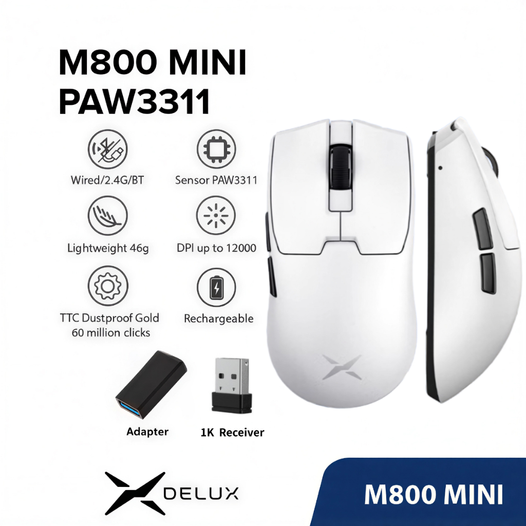 Delux M800 PRO PAW3395 เมาส์สำหรับเล่นเกม DPI สูงสุด 26,000 แบบมีสาย 2.4G บลูทูธไร้สาย ชาร์จไฟได้ ตั