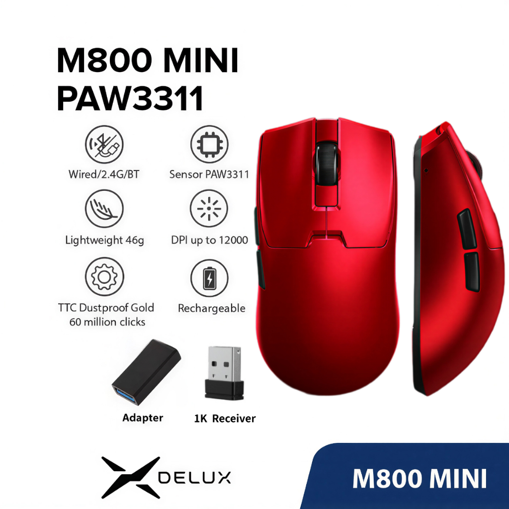 Delux M800 PRO PAW3395 เมาส์เกมมิ่งไร้สาย น้ําหนักเบา 72 กรัม สําหรับ PC Gaming