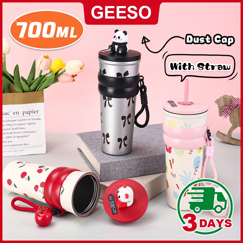 GEESO การ์ตูน แก้วน้ำสแตนเลส 316 เคลือบเซรามิก ขนาด 700 มล. มีหลอดดูด พับเก็บได้ มีที่เก็บฝาหลอด-200