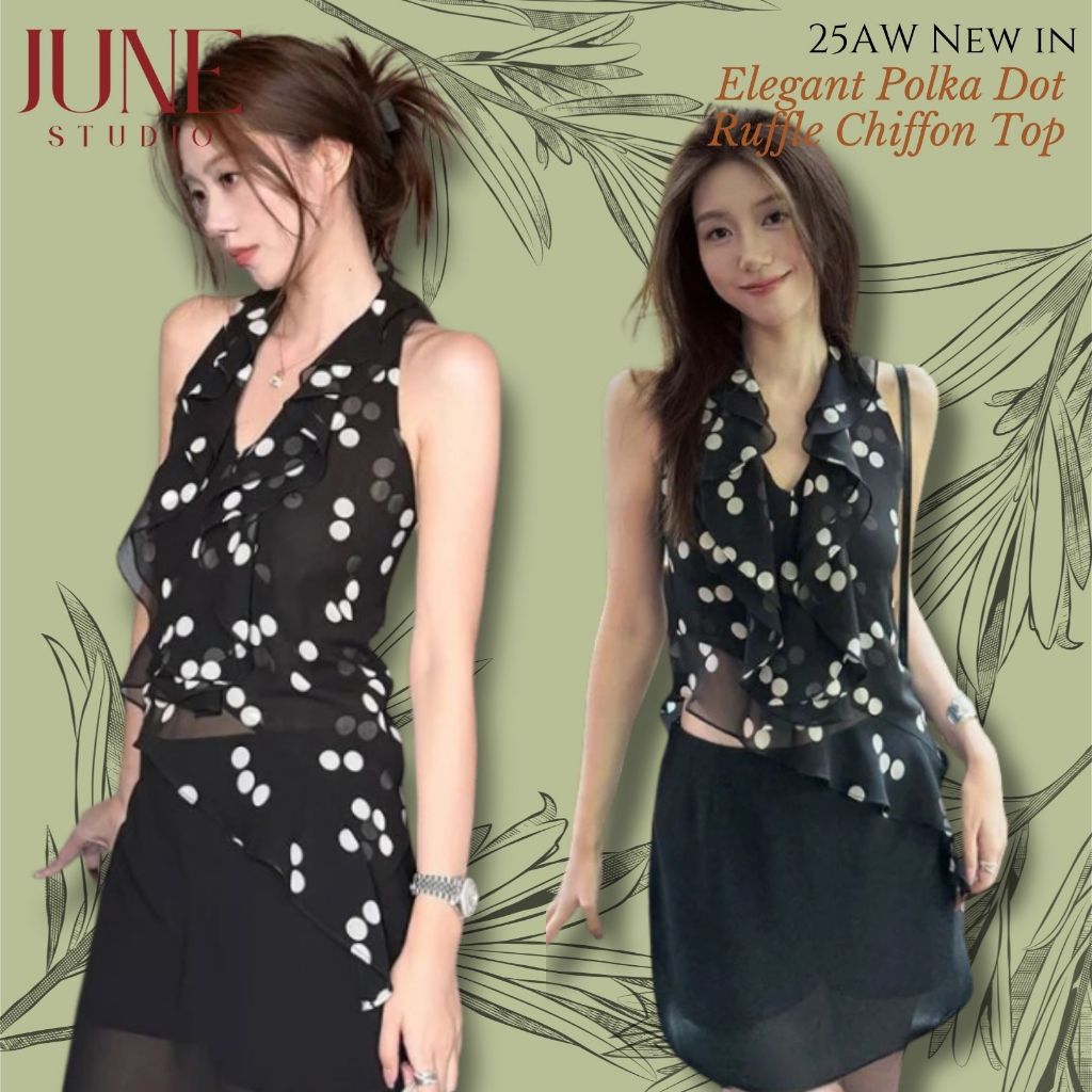 [JUNE STUDIO] ฝรั่งเศสย้อนยุคสีดําลายจุดชีฟองยกทรงฤดูร้อนแสงผู้ใหญ่เสื้อแขนกุดหรูหราสวมใส่ด้านนอกSli