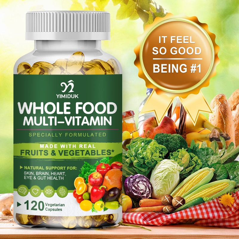 Yimiduk Vegan Whole Food Daily Multivitamin Capsules with Essential Vitamins A, C, B6, D2, E และอื่น