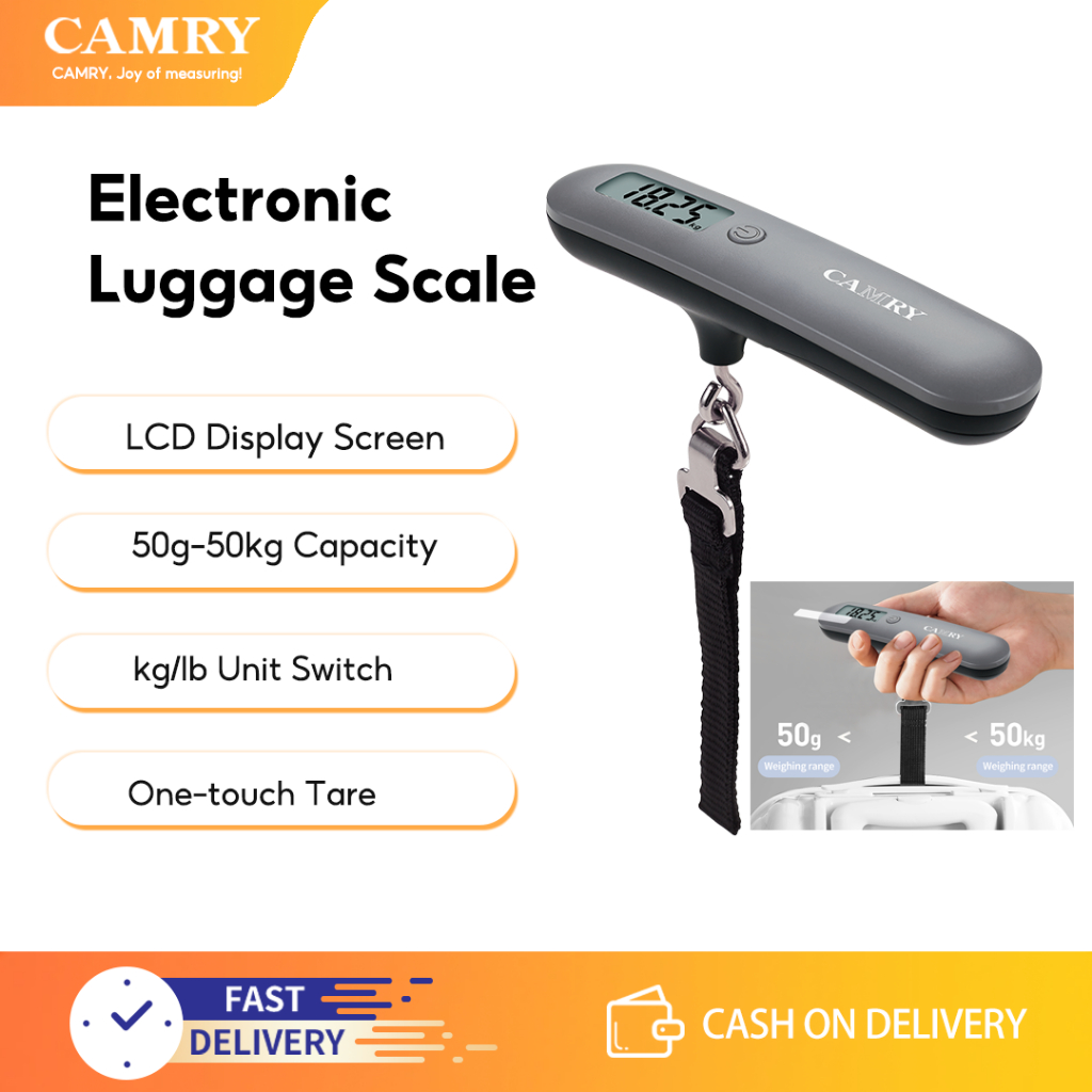 CAMRY เครื่องชั่งกระเป๋าเดินทางดิจิตอลแบบพกพาเซ็นเซอร์ความแม่นยําสูงจอแสดงผล LCD Backlit สําหรับกระเป๋าเดินทาง