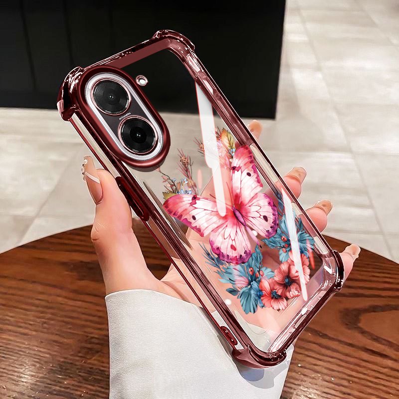 VRQR สําหรับ Xiaomi Redmi A5 A7 Pro 4G Poco C71 Poco C85X 5G ดอกไม้สีชมพูขนาดใหญ่ผีเสื้อโปร่งใสกันกระแทกโทรศัพท์ป้องกันกรณี