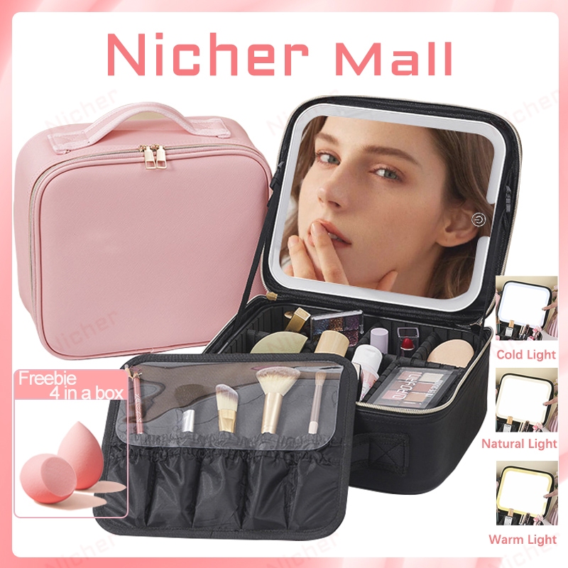 LED Makeup Bag กล่องเครื่องสําอางพร้อมกระจกชาร์จไฟ นํา กระเป๋าเก็บเครื่องสําอางความจุขนาดใหญ่กระเป๋าใส่อุปกรณ์อาบน้ําแบบพกพา