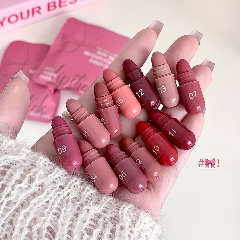 ชุดลิปสติกมินิ 12 ชิ้น - ชมพู, แดง & น้ําตาล, ลิปสติกเนื้อแมท Rich Soft, ทาง่าย, สวมใส่ยาวนาน, ลิปสติ๊ก Waterpoof เหมาะสําหรับงานแต่งหน้าหรือของขวัญ, เทศกาลแต่งหน้า Gi