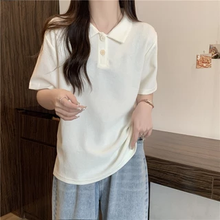เสื้อโปโลแขนสั้นสไตล์เกาหลี เสื้อเชิ้ตลายสก๊อตหลวม ท็อปส์ซูสีทึบ