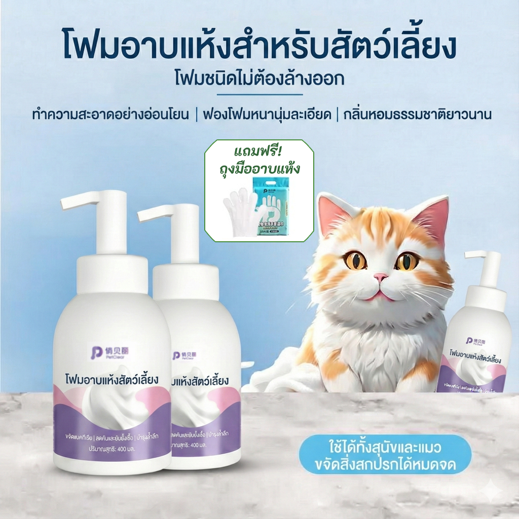 โฟมอาบแห้ง [PetClear] อาบสะอาดใน 5 นาที! ไม่ต้องล้างน้ำ ดับกลิ่นทันที เลียได้ปลอดภัย 🐱🐶