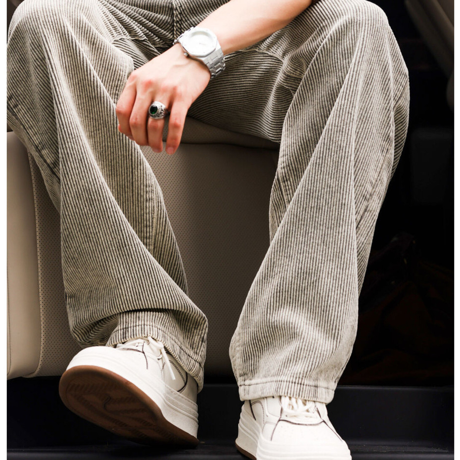 Wuluwear American Retro Flannel Denim Pants for Men Loose Washed Straight Casual Jeans