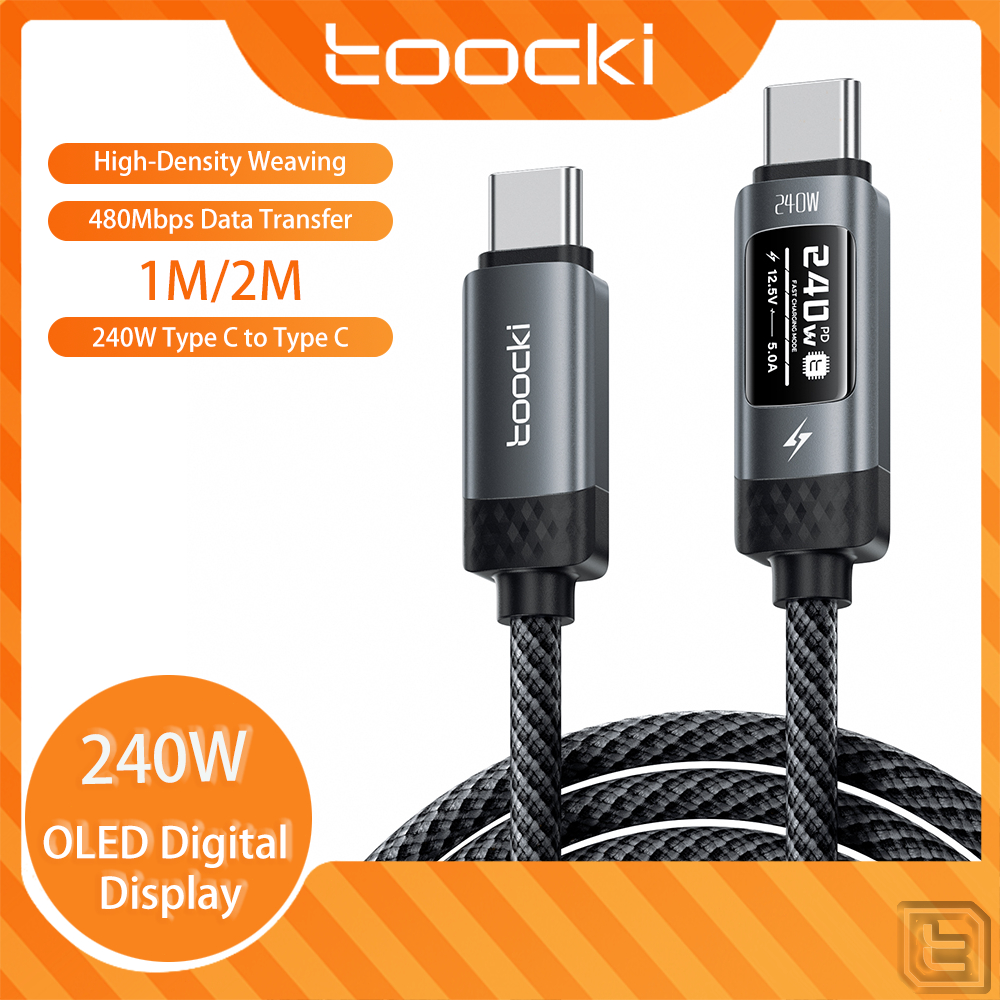 Toocki 240W Type C ถึง Type C สายชาร์จเร็ว USB C สายเคเบิลข้อมูล OLED จอแสดงผลดิจิตอลความเข้มสูงทอผ้า