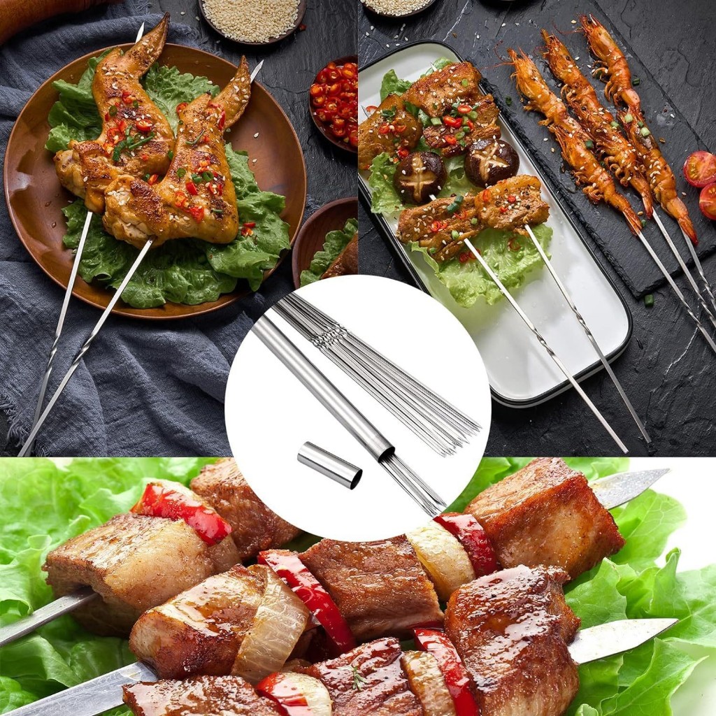 Technicolorsky 10-50 ชิ้นสแตนเลสบาร์บีคิว Skewers Reusable BBQ Skewers Kebab Iron Stick สําหรับกลางแจ้ง Camping Picnic เครื่องมือทําอาหาร TSY