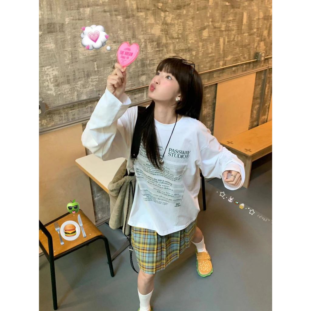 เสื้อแขนยาวสำหรับผู้หญิงสไตล์เกาหลี พิมพ์ลาย Music Score สีดำ ไซต์ M-XXL