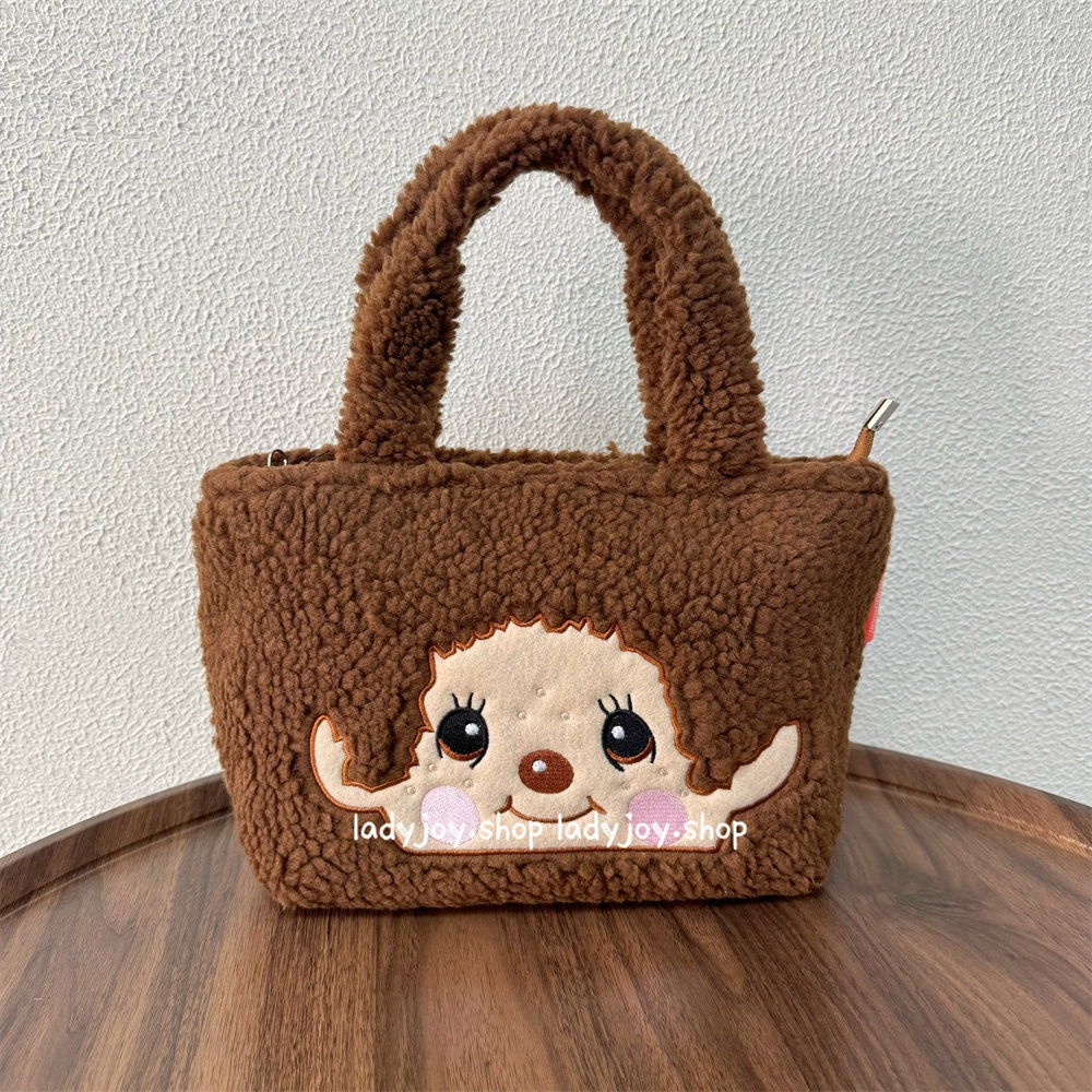 กระเป๋าใส่อาหารกลางวันลายการ์ตูน Monchhichi Plush Tote, กระเป๋าหุ้มฉนวนน่ารัก, กระเป๋าเก็บของ
