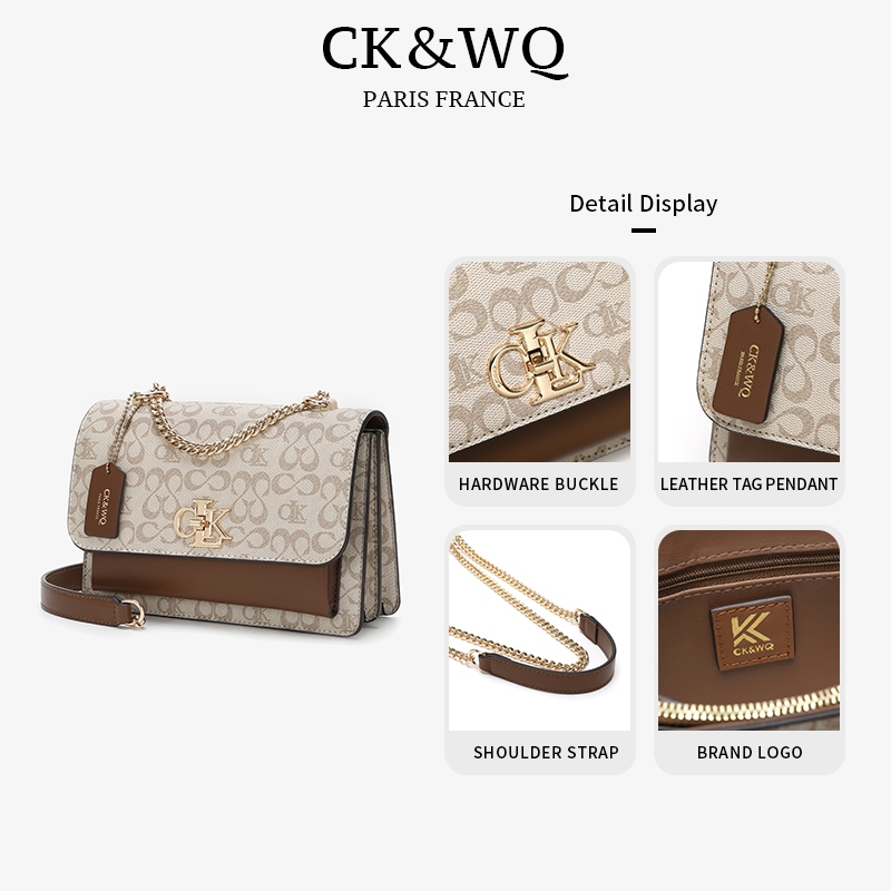 CK&WQ กระเป๋าสะพายข้างลายพิมพ์ตัวอักษรสไตล์ใหม่ กระเป๋าสะพายข้างแบบตกแต่งด้วยทองคำปรับได้ ของจำเป็นสำหรับถ่ายรูปและช้อปปิ้ง