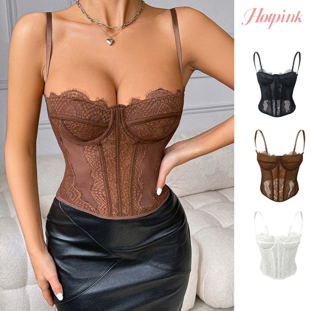 Hotpink ส่งจาก Bangkok🔥 เสื้อคอร์เซ็ท ลูกไม้ ทรงครึ่งอก ตะขอหลัง เซ็กซี่คอลเลกชัน Fishbone รัดด้วยขนตาลูกไม้หัวเข็มขัดผู้หญิงรัดด้านบน#1012