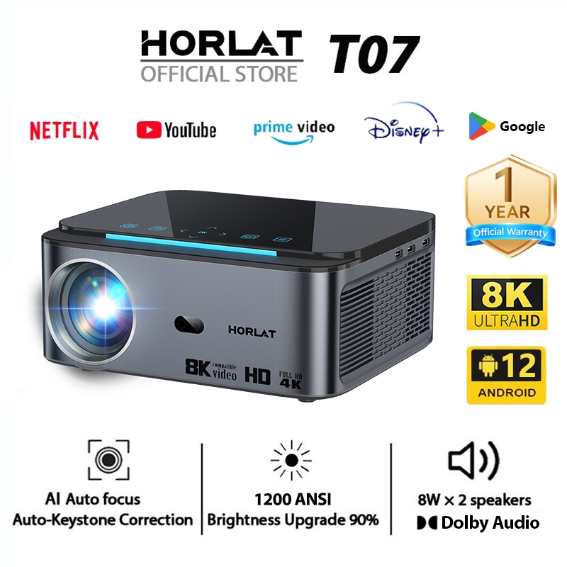 Horlat T07 wifi 8K Projector โปรเจคเตอร์ 1200ANSI ความสว่างสูง Auto Focus keystone Android TV 12 รอง