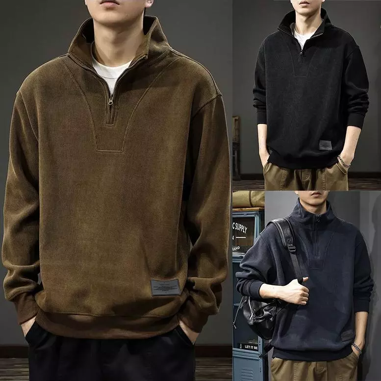 เสื้อยืดแขนยาวสำหรับผู้ชาย สไตล์อเมริกัน ทรงหลวม สวมใส่สบาย พร้อมกระดุมครึ่งซิบ