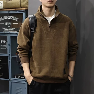 เสื้อยืดแขนยาวสำหรับผู้ชาย สไตล์อเมริกัน ทรงหลวม สวมใส่สบาย พร้อมกระดุมครึ่งซิบ