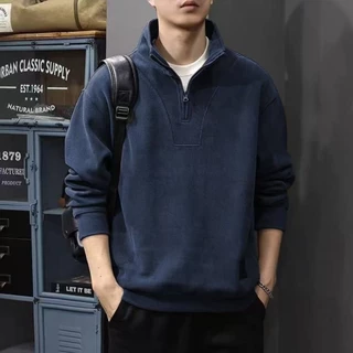 เสื้อยืดแขนยาวสำหรับผู้ชาย สไตล์อเมริกัน ทรงหลวม สวมใส่สบาย พร้อมกระดุมครึ่งซิบ