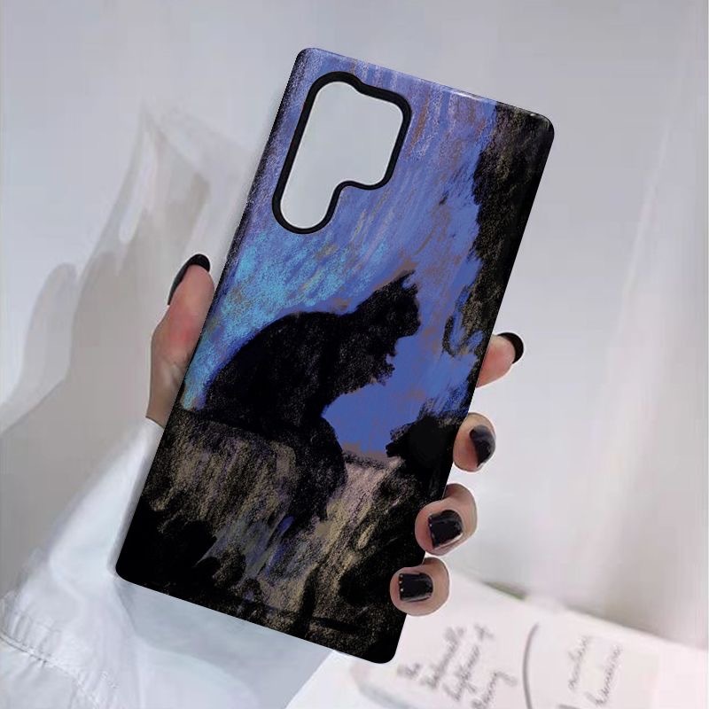 เคสป้องกันสองในหนึ่งเดียวลายแมวสีดําเหมาะสําหรับ Samsung su22u s23 plus s23FE s24 s25 plus A55 A56 A
