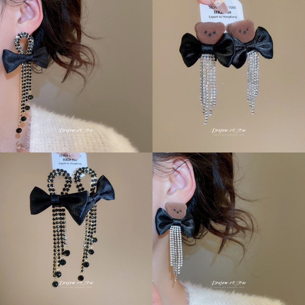 DREJEW สไตล์ Multi-สไตล์ Bowknot ตุ๊กตาหมีคริสตัลพู่ Dangle ต่างหูผู้หญิง Gold & Silver Tone แฟชั่นเครื่องประดับสําหรับปาร์ตี้ทุกวัน Wea