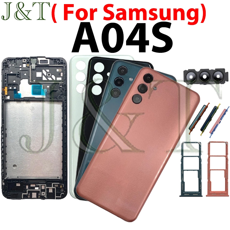 สําหรับ Samsung Galaxy A04S ฝาหลังแบตเตอรี่ปริมาณปุ่มควบคุมด้านหลัง + LCD ด้านหน้ากรอบกลางถาดซิม + กรอบเลนส์กล้อง