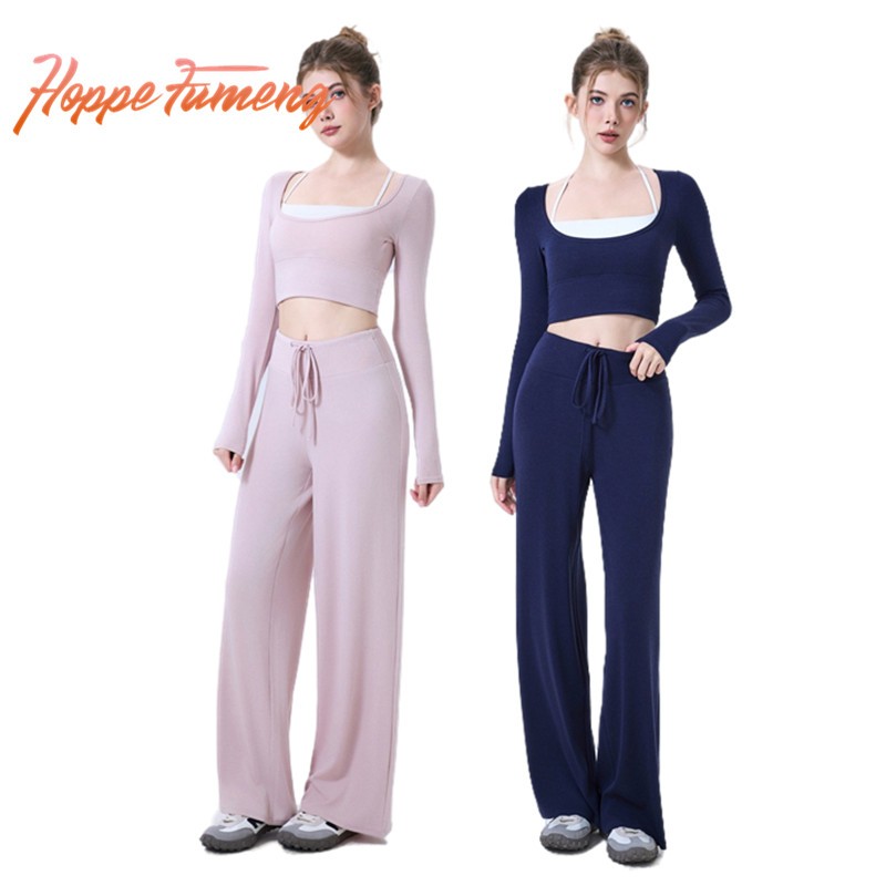 Hope FumengFashion Sport สี clashing ครึ่งคงที่เบาะเสื้อยืดแขนยาวและเอวสูงยาวหลวมกางเกงลําลองสําหรับผู้หญิงชุดสวมใส่