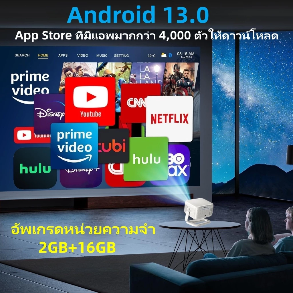 โปรเจคเตอร์ 4K  ปรับมุมได้ 360 องศา  ระบบโฟกัสอัตโนมัติ บลูทูธ 5.2  ระบบปฏิบัติการ Android 13  โปรเจคเตอร์ขนาดเล็กพกพาได้  เชื่อมต่อกับสมาร์ทโฟนได้ thumbnail 3