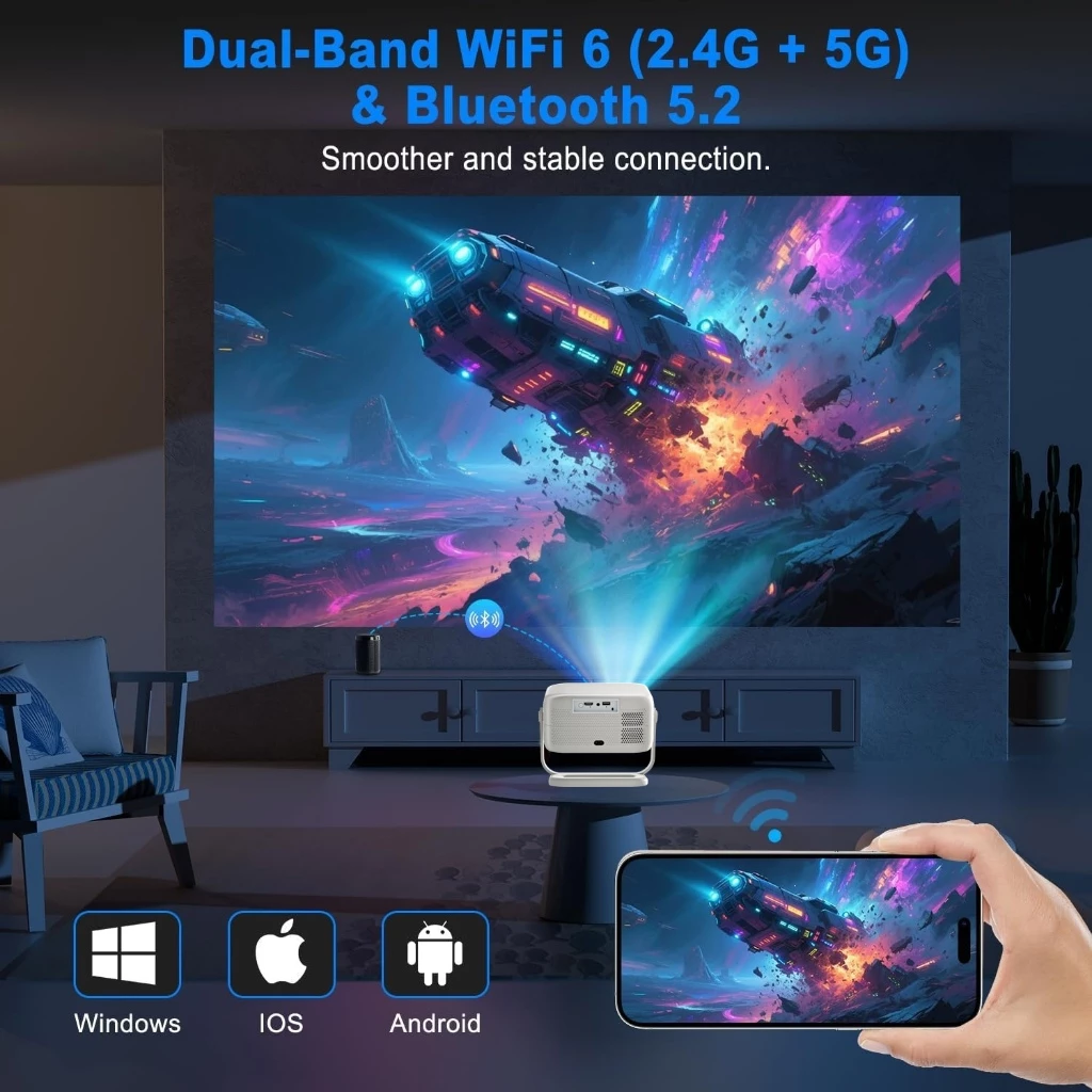 โปรเจคเตอร์ 4K  ปรับมุมได้ 360 องศา  ระบบโฟกัสอัตโนมัติ บลูทูธ 5.2  ระบบปฏิบัติการ Android 13  โปรเจคเตอร์ขนาดเล็กพกพาได้  เชื่อมต่อกับสมาร์ทโฟนได้ thumbnail 5