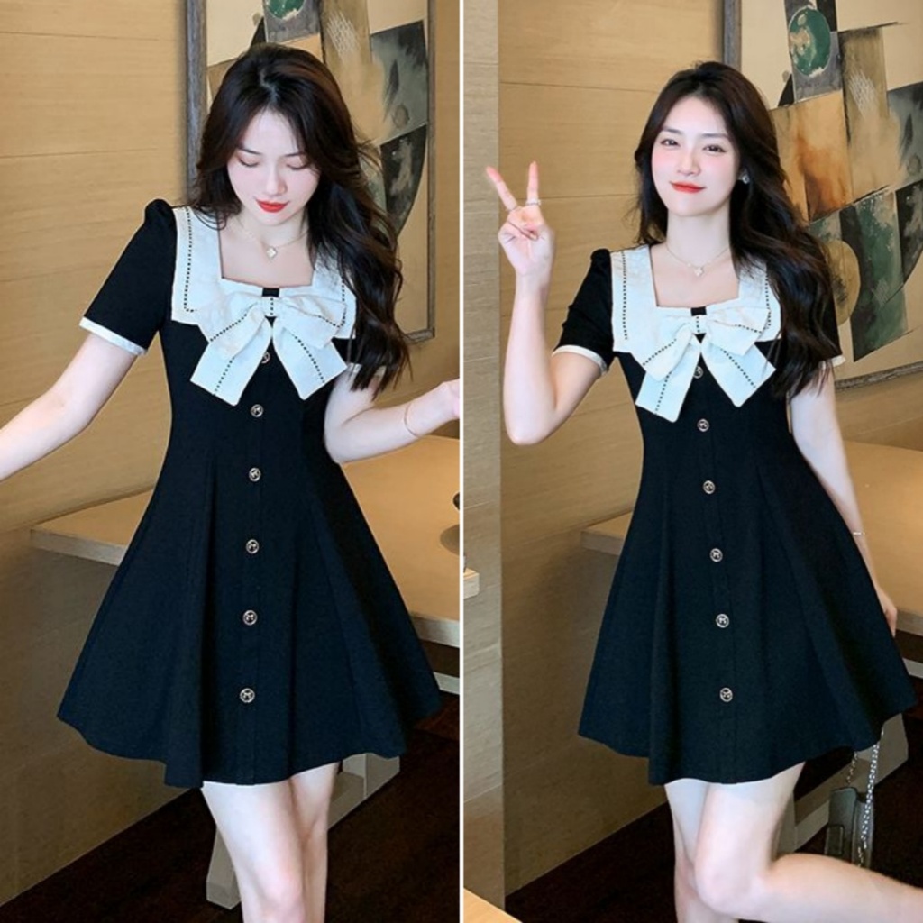 Hotgirl พร้อมส่ง ชุดเดรสสั้นสีดำแฟชั่นสำหรับผู้หญิง คอเหลี่ยม แต่งโบว์ สไตล์ฝรั่งเศสสง่างามและมีศักดิ์ศรี