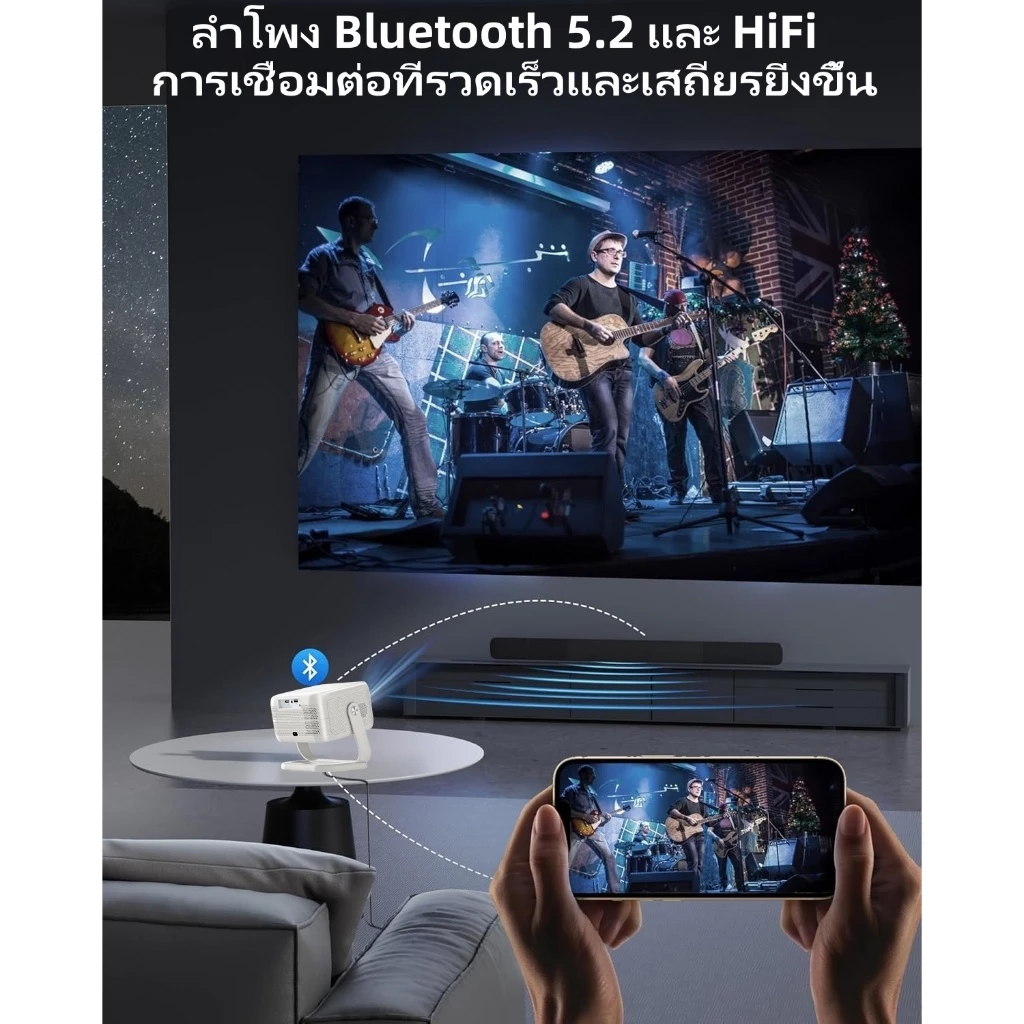 โปรเจคเตอร์ 4K  ปรับมุมได้ 360 องศา  ระบบโฟกัสอัตโนมัติ บลูทูธ 5.2  ระบบปฏิบัติการ Android 13  โปรเจคเตอร์ขนาดเล็กพกพาได้  เชื่อมต่อกับสมาร์ทโฟนได้ thumbnail 6