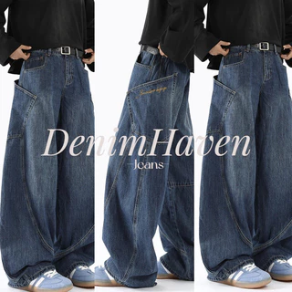 🔥D.H🔥 กางเกงยีนส์ผู้ชาย baggy jeans สไตล์เรโทรอเมริกัน กระเป๋าใหญ่ ปักตัวอักษร ดีไซน์เก๋ ทรงหลวม ขากว้าง ใส่ได้ทั้งชายและหญิง กางเกงขายาว