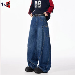 🔥D.H🔥 กางเกงยีนส์ผู้ชาย baggy jeans สไตล์เรโทรอเมริกัน กระเป๋าใหญ่ ปักตัวอักษร ดีไซน์เก๋ ทรงหลวม ขากว้าง ใส่ได้ทั้งชายและหญิง กางเกงขายาว