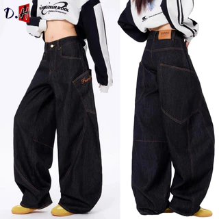 🔥D.H🔥 กางเกงยีนส์ผู้ชาย baggy jeans สไตล์เรโทรอเมริกัน กระเป๋าใหญ่ ปักตัวอักษร ดีไซน์เก๋ ทรงหลวม ขากว้าง ใส่ได้ทั้งชายและหญิง กางเกงขายาว