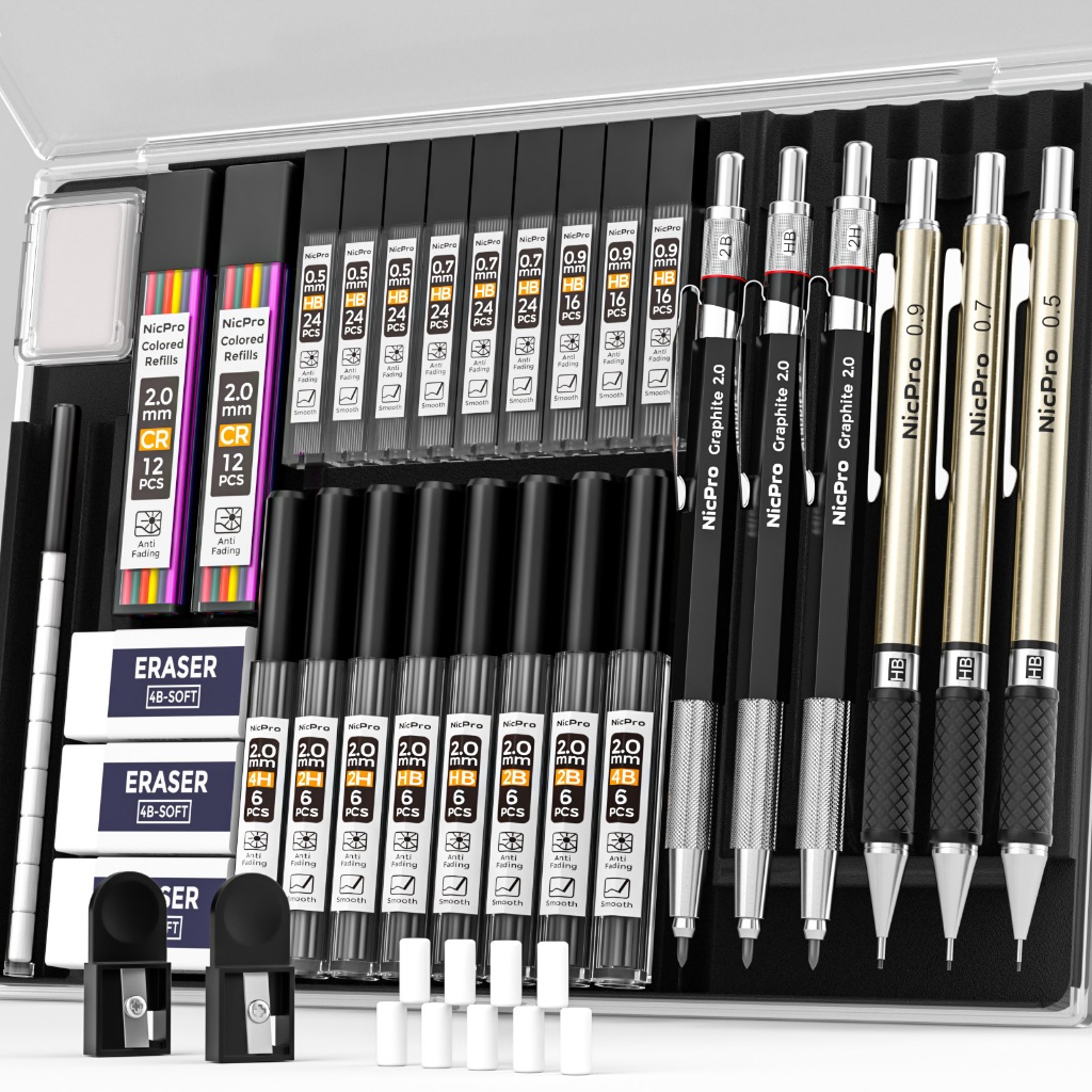 Nicpro 34 PCS Art Mechanical Pencil Set, 3 PCS Metal Drafting Pencil 0.5 mm & 0.7 mm & 0.9 mm (HB) &