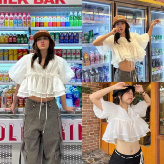 สไตล์เกาหลี ผู้หญิง เสื้อยืดแขนสั้นสีทึบหลวม ปุย แขนพอง ท็อปส์ซูแฟชั่นสั้น