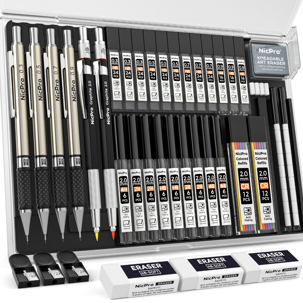 Nicpro 6 ชิ้น Art Metal Mechanical Pencils Set ใน 0.5, 0.7, 0.9, 2.0 มม. พร้อมเคส, (4B 2B HB 2H 4H) ดินสอเขียนแบบร่างพร้อมไส้ตะกั่ว 23 หลอดสําหรับการเขียนและวาดภาพ