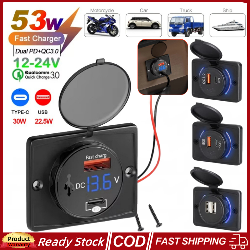 🚀ส่งจากไทย🚀 12V/24V QC3.0 USB PD Car Fast Charger พร้อมฝาปิดและจอแสดงผลแรงดันไฟฟ้า, 53W กันน้ํา Fast Charging USB Type C Charger สําหรับรถยนต์รถบัสเรือ Marine ATV รถบรรทุก