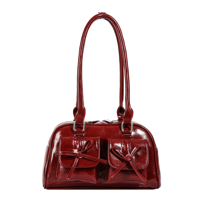 🚚สต็อกพร้อมในกรุงเทพ🚚 กระเป๋าสะพายไหล่ หนัง PU ประดับโบว์ ลําลอง สําหรับผู้หญิง กระเป๋าสีแดง