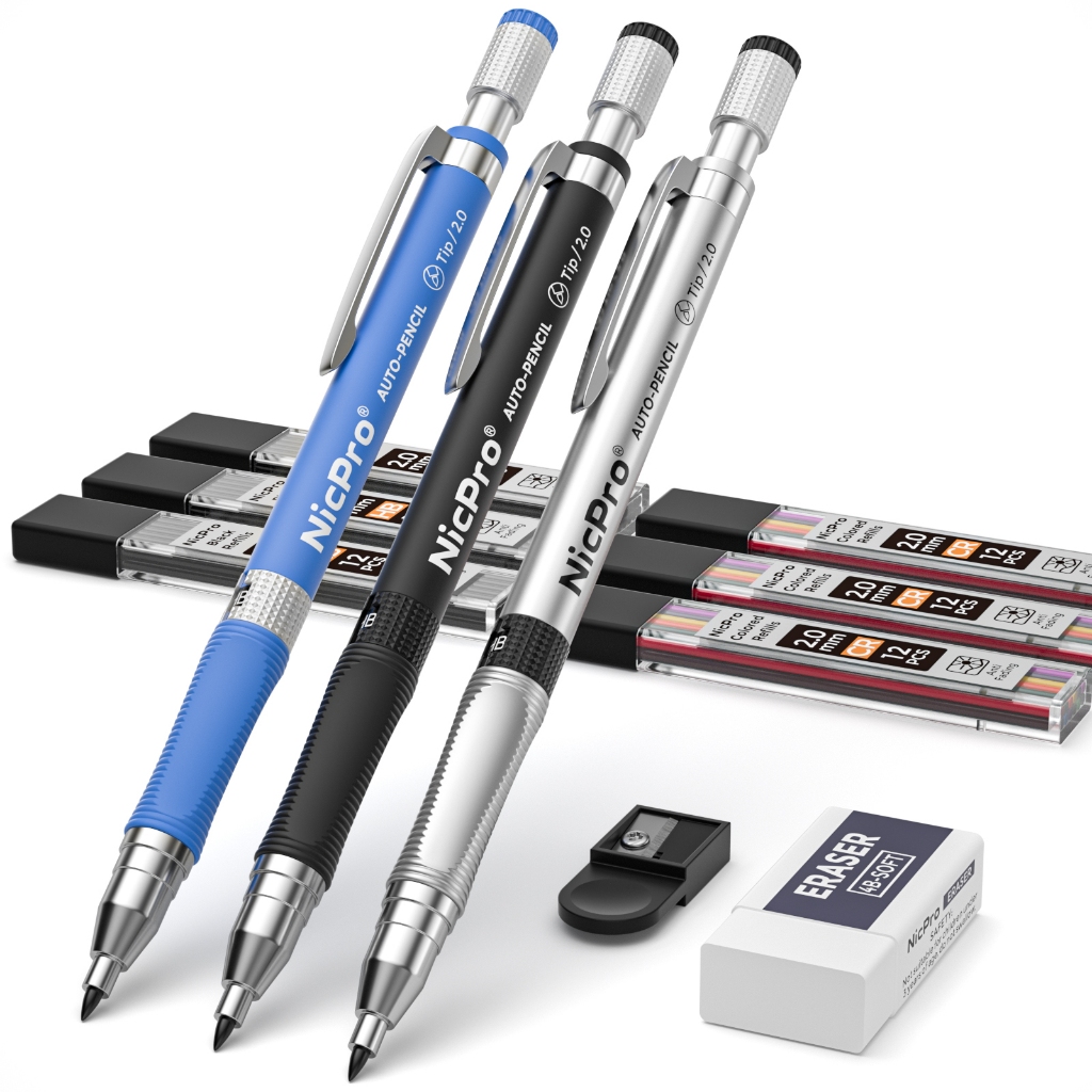 Nicpro 3 PCS 2.0 มม.ชุดดินสอ,ศิลปินร่างดินสอคลัทช์ 2.0 มม.สําหรับภาพวาดศิลปะการเขียนร่างด้วย 6 หลอด Pre-Sharpen HB & 2B Refill, Eraser, Sharpener, Propell