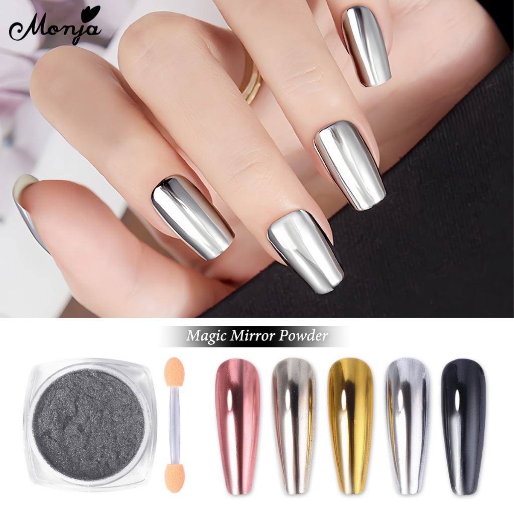 Monja โลหะ Chrome Mirror Powder Magic Glitter สะท้อนแสงถู Pigment Glassy ฝุ่นโลหะเงินทอง 5 colors
