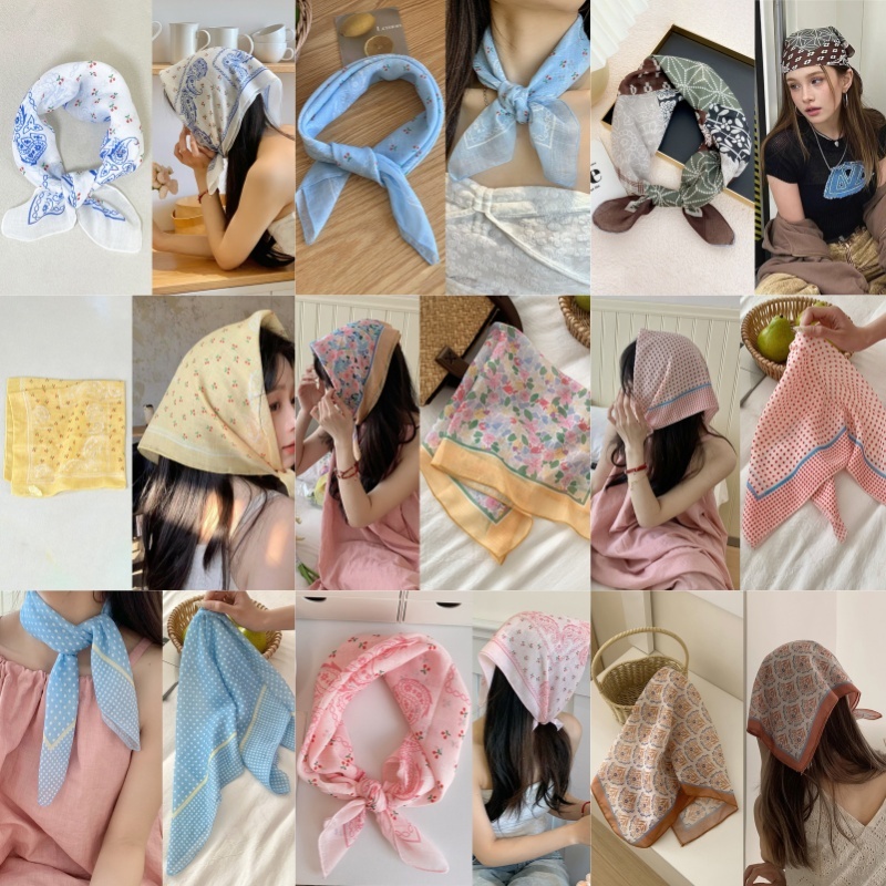 STHB ดอกไม้พิมพ์ Neckerchief ผู้หญิงเกาหลีผ้าฝ้ายผ้าลินินผ้าพันคอสแควร์คอผ้าพันคอขนาดเล็ก Wraps ผ้าพันคอ TH