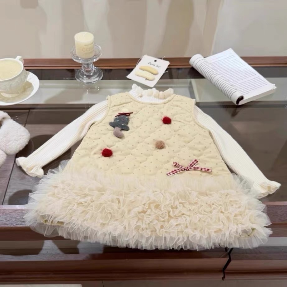 เวอร์ชั่นเกาหลีเสื้อผ้าเด็กสาวแต่งตัวฤดูหนาวลายจุดผ้ากอซกระโปรงขนแกะคริสต์มาสทารกแฟชั่นเสื้อกั๊กกระโปรงแฟชั่น